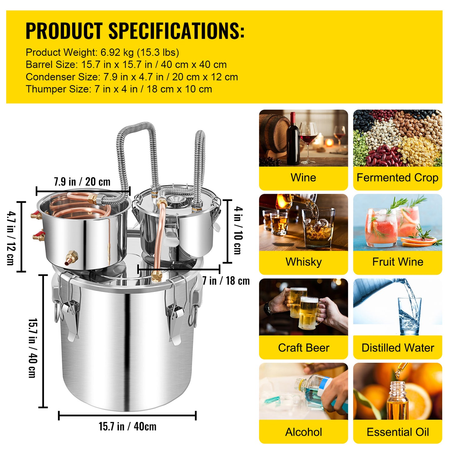 VEVOR Alcohol Still, 13.2Gal 50L Stainless Steel Water Alcohol Distiller Copper Tube Home Brewing Kit Build-in Thermometer For DIY Whisky Wine Brandy, Silver
