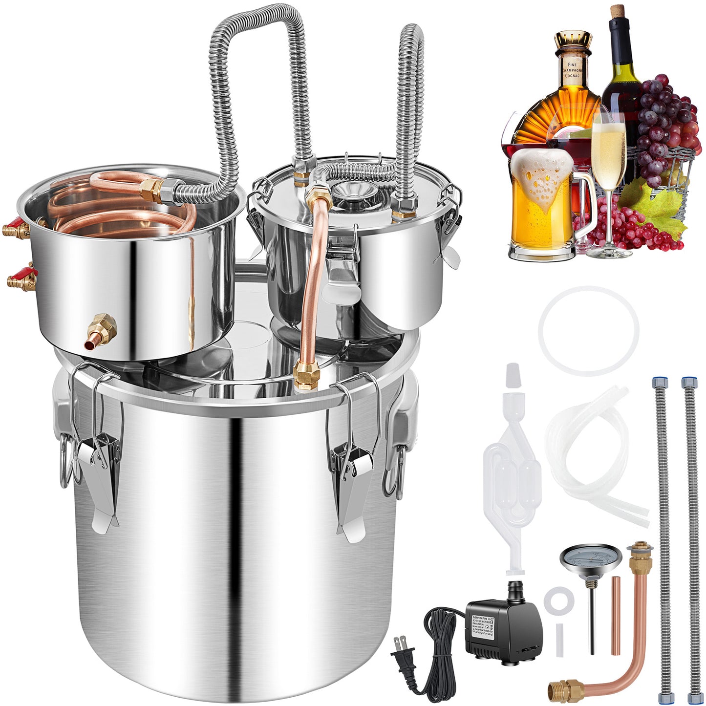 VEVOR Alcohol Still, 13.2Gal 50L Stainless Steel Water Alcohol Distiller Copper Tube Home Brewing Kit Build-in Thermometer For DIY Whisky Wine Brandy, Silver