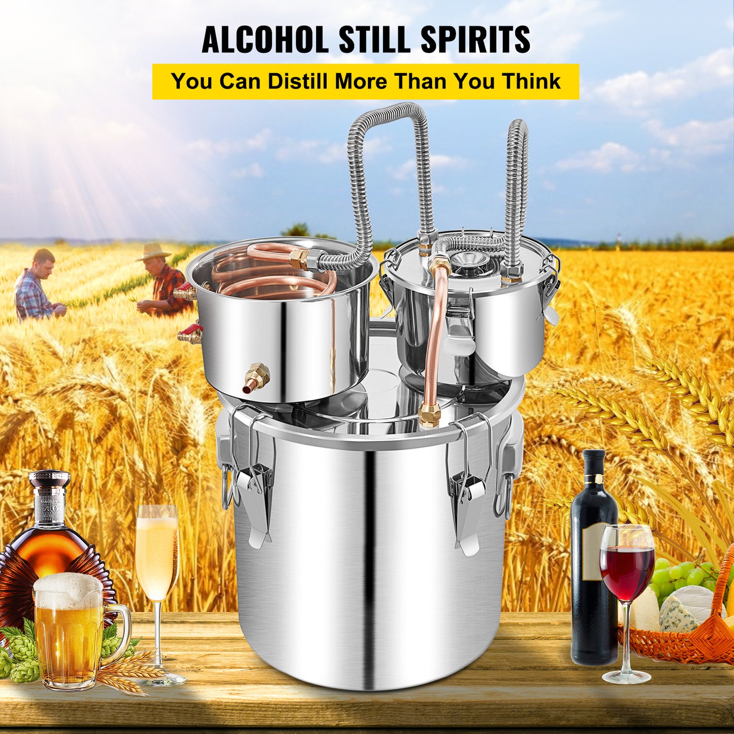 VEVOR Alcohol Still, 13.2Gal 50L Stainless Steel Water Alcohol Distiller Copper Tube Home Brewing Kit Build-in Thermometer For DIY Whisky Wine Brandy, Silver